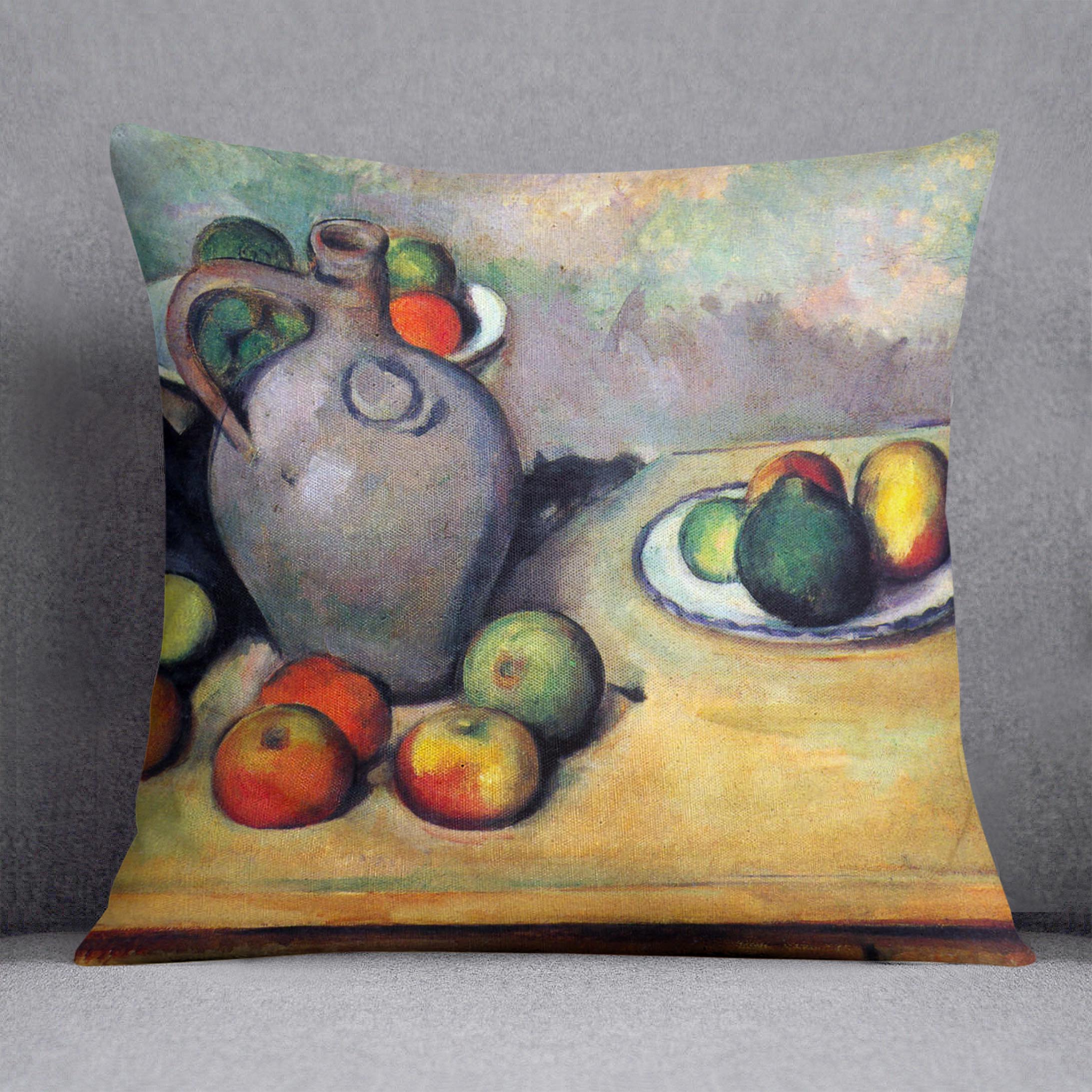 A colorful cushion featuring Cezanne's still life art with a pitcher and fruit, made from vegan faux suede.
