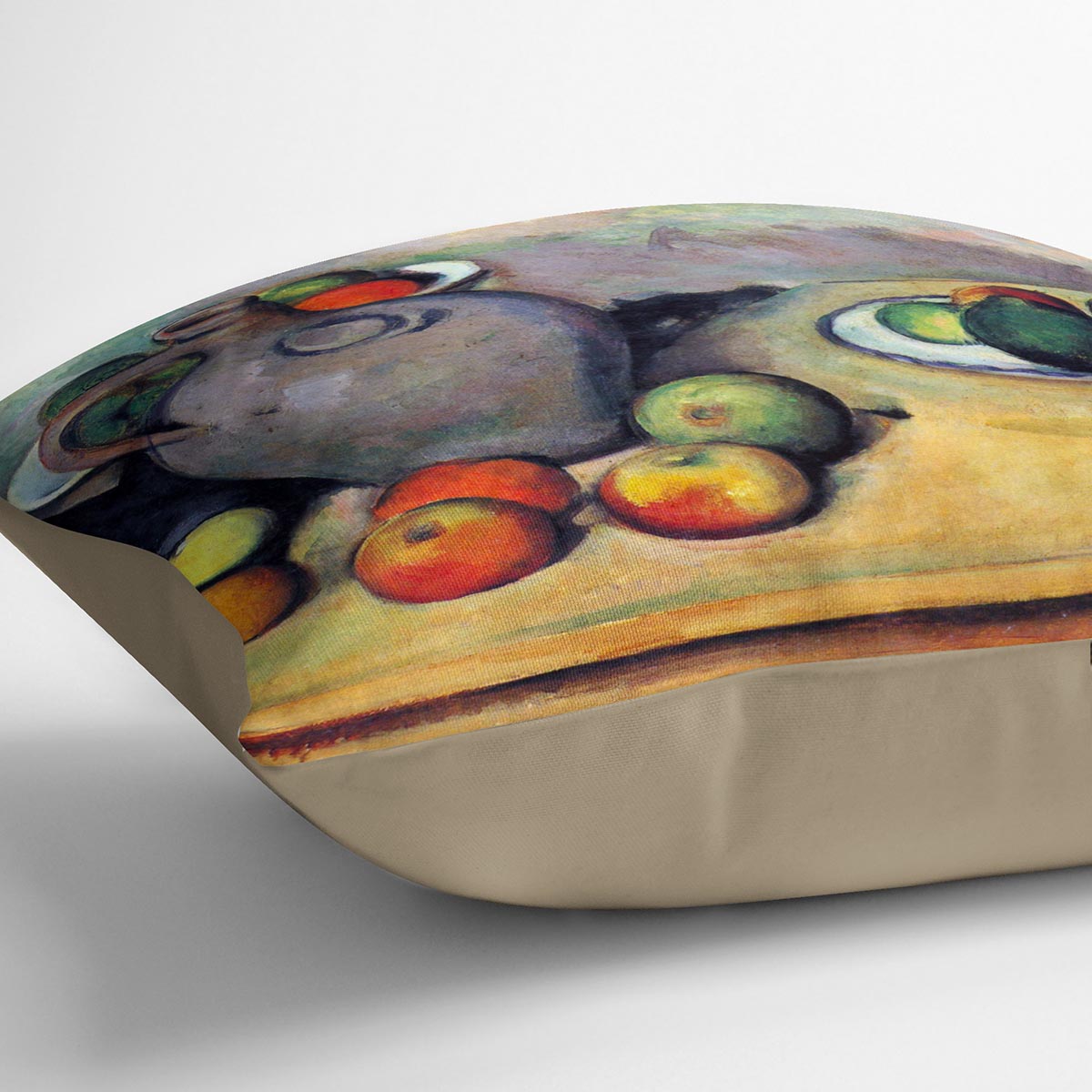 A colorful cushion featuring Cezanne's still life art with a pitcher and fruit, made from vegan faux suede.