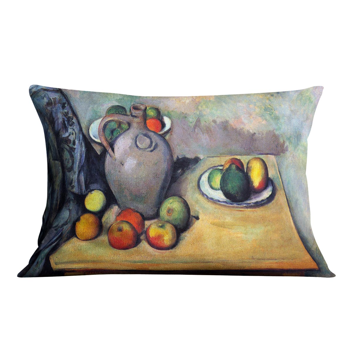 A colorful cushion featuring Cezanne's still life art with a pitcher and fruit, made from vegan faux suede.