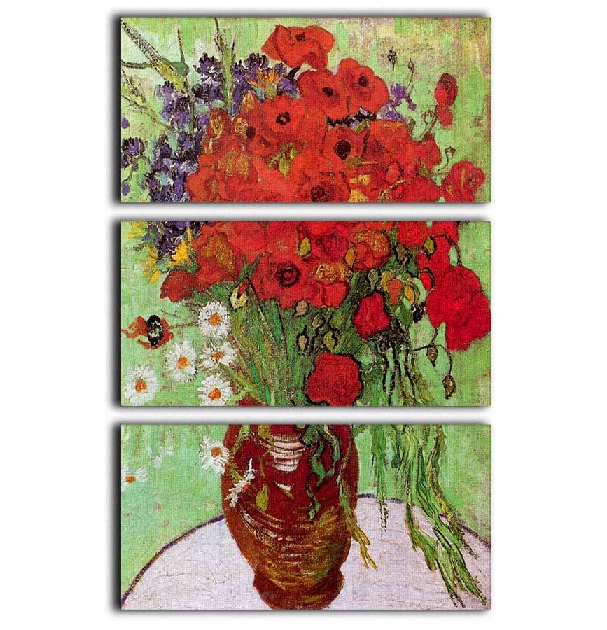 Three-panel canvas art featuring Van Gogh's Still Life Red Poppies and Daisies, showcasing vibrant colors and intricate details.