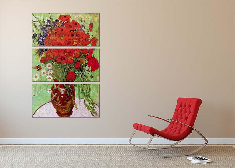 Three-panel canvas art featuring Van Gogh's Still Life Red Poppies and Daisies, showcasing vibrant colors and intricate details.