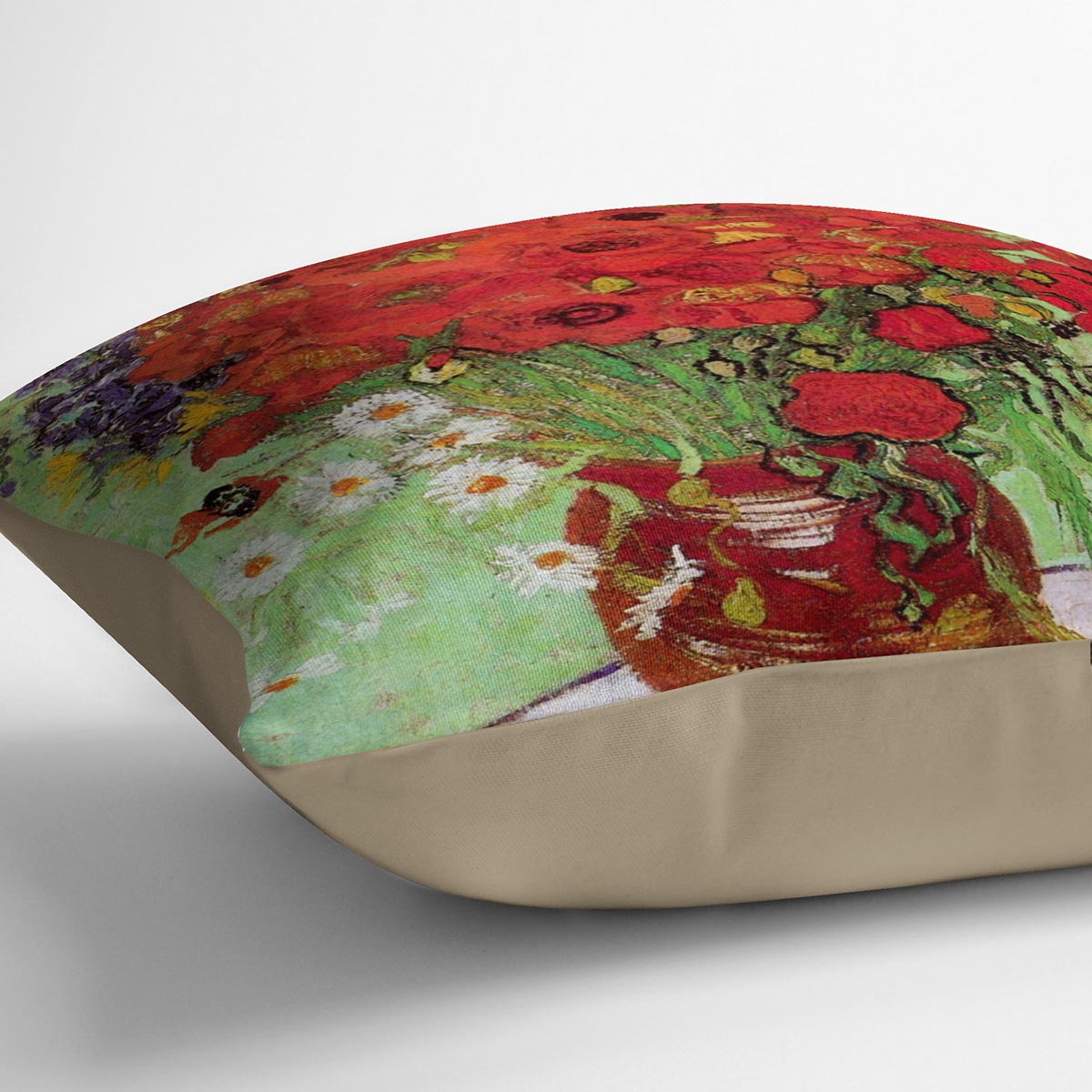 A vibrant cushion featuring Van Gogh's Still Life Red Poppies and Daisies design, made from luxurious vegan faux suede.