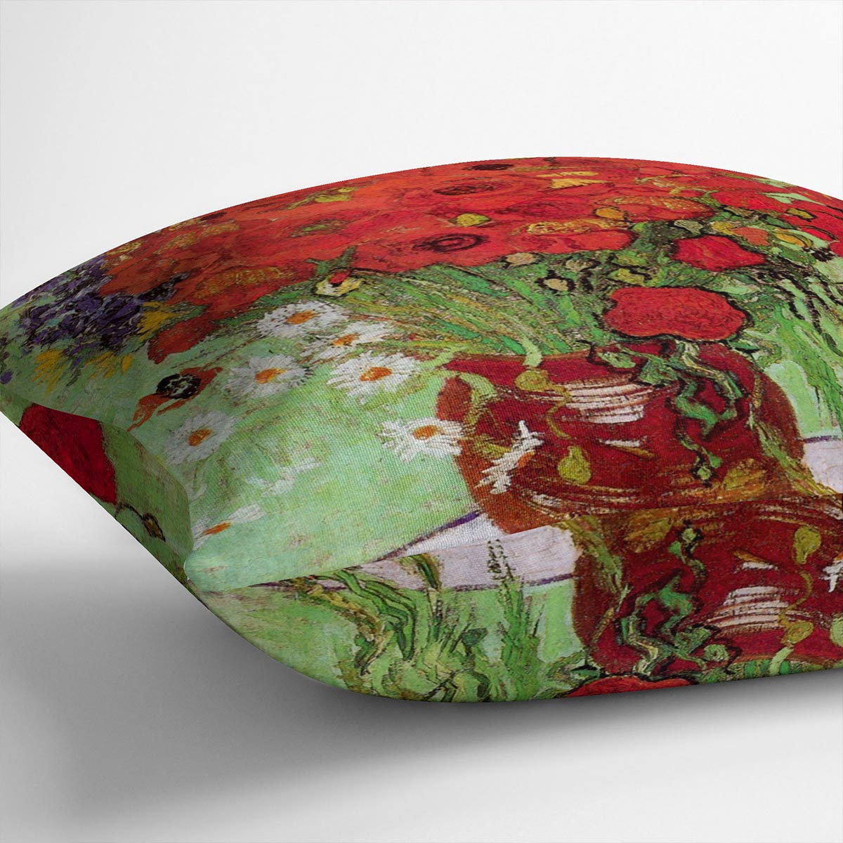 A vibrant cushion featuring Van Gogh's Still Life Red Poppies and Daisies design, made from luxurious vegan faux suede.