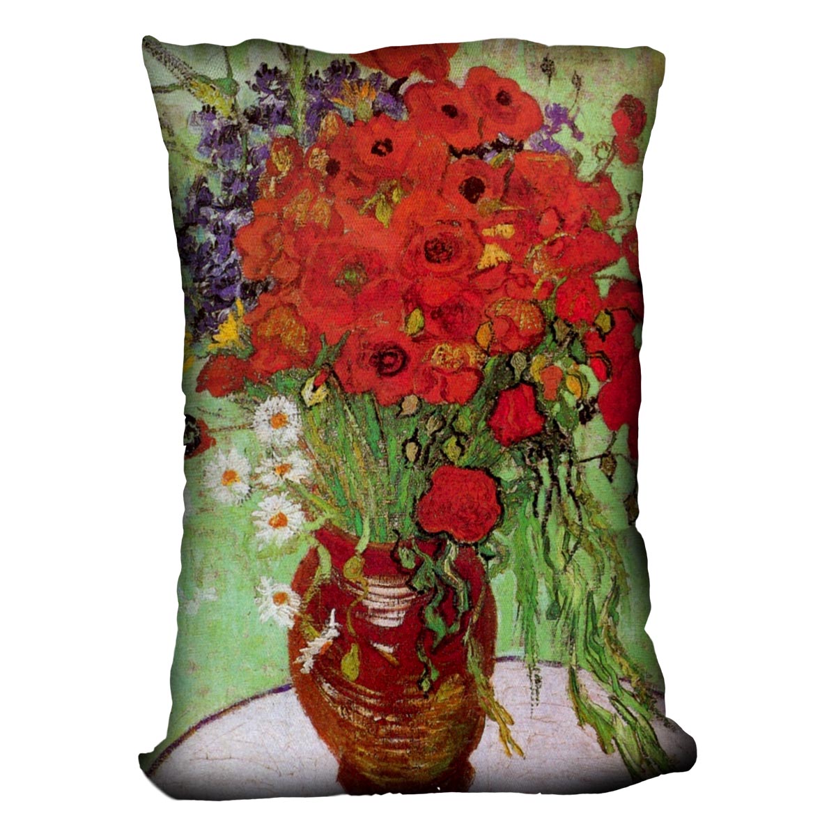 A vibrant cushion featuring Van Gogh's Still Life Red Poppies and Daisies design, made from luxurious vegan faux suede.