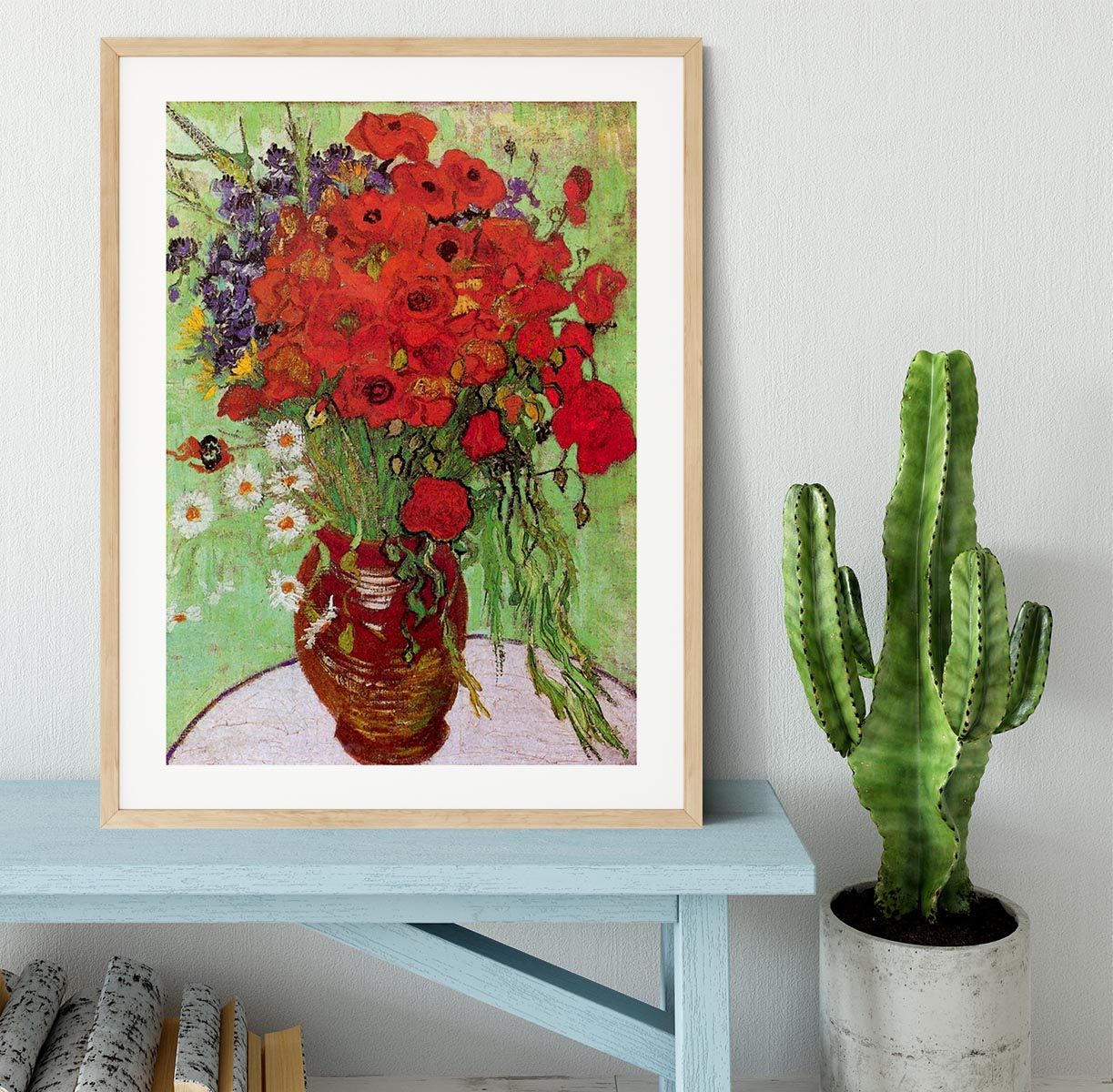 Framed print of Van Gogh's Still Life Red Poppies and Daisies, showcasing vibrant colors and intricate details.
