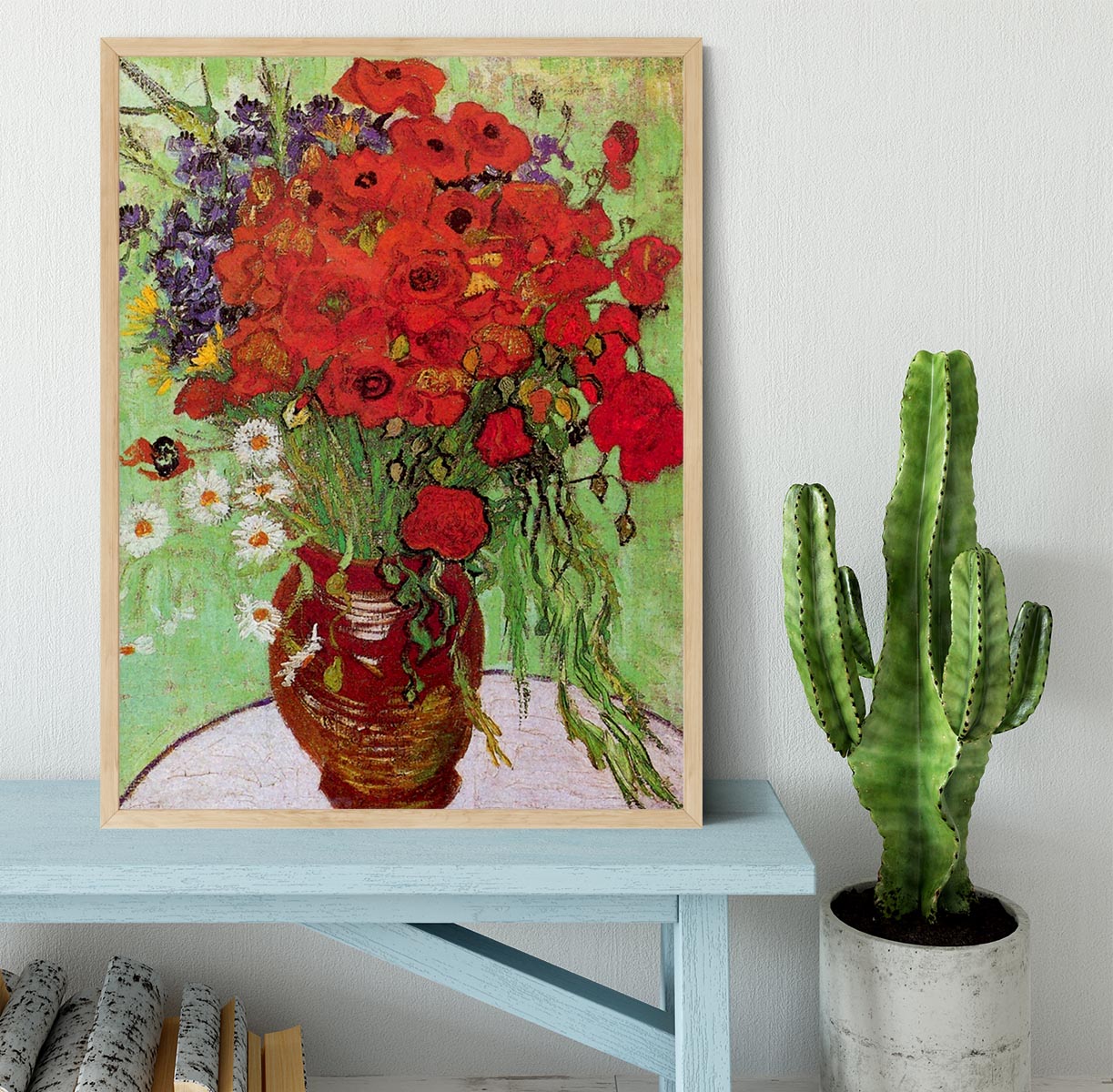 Framed print of Van Gogh's Still Life Red Poppies and Daisies, showcasing vibrant colors and intricate details.