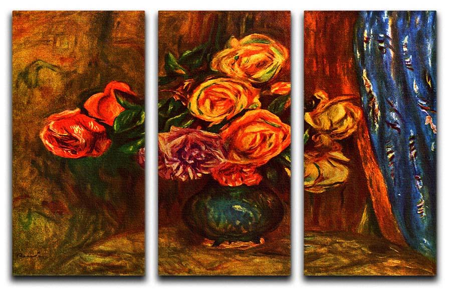 A beautiful 3-panel canvas art featuring still life roses before a blue curtain, inspired by Renoir's masterpiece.