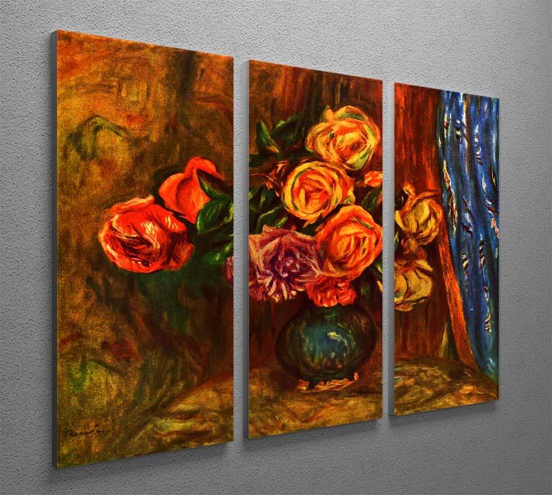 A beautiful 3-panel canvas art featuring still life roses before a blue curtain, inspired by Renoir's masterpiece.