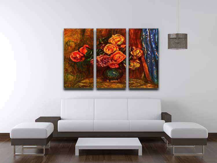 A beautiful 3-panel canvas art featuring still life roses before a blue curtain, inspired by Renoir's masterpiece.