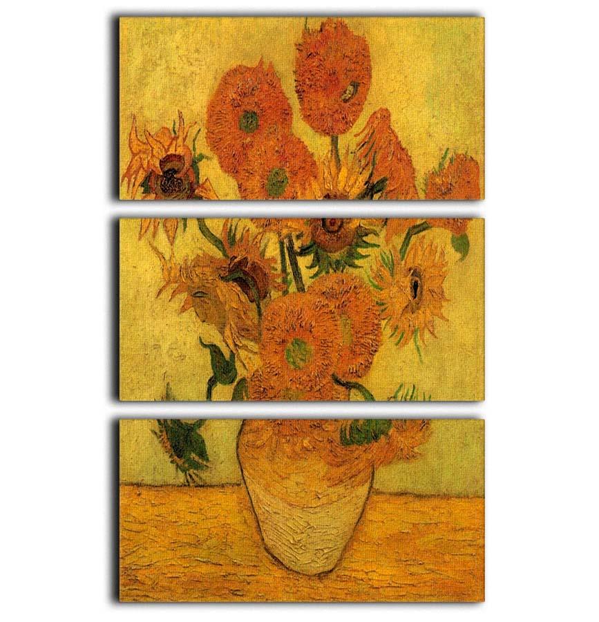 Three-panel canvas art featuring Van Gogh's sunflowers in a vase, showcasing vibrant colors and intricate details.