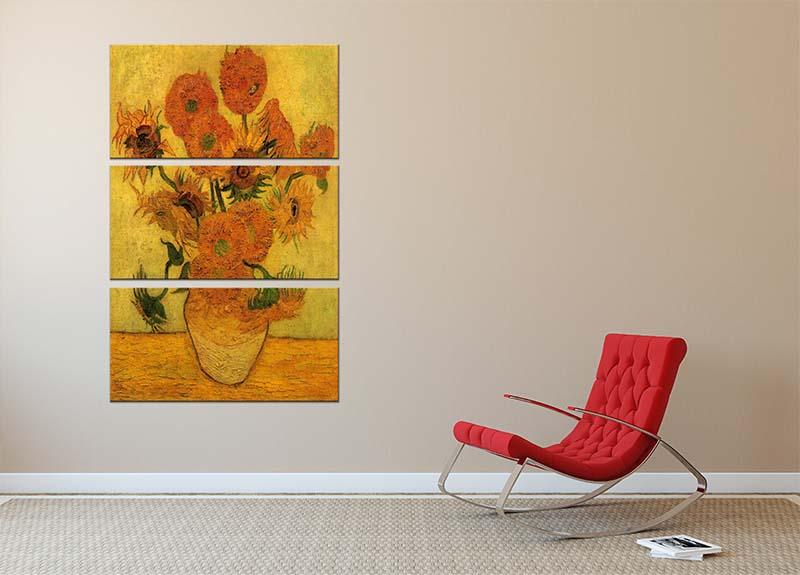 Three-panel canvas art featuring Van Gogh's sunflowers in a vase, showcasing vibrant colors and intricate details.