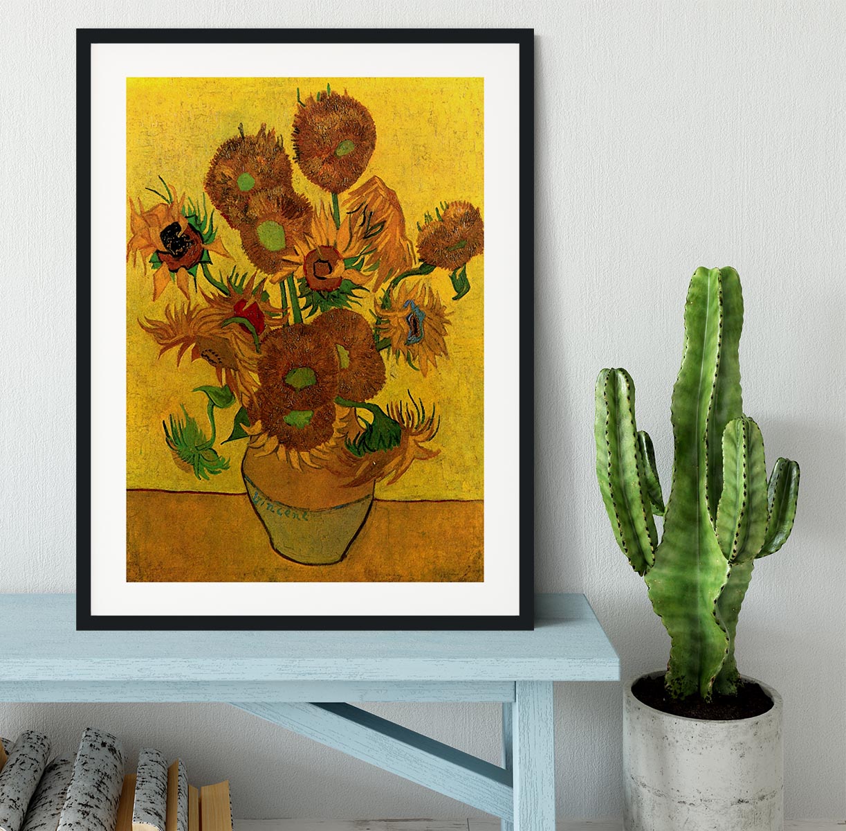 Framed print of Van Gogh's Still Life Vase with Fifteen Sunflowers, showcasing vibrant colors and quality craftsmanship.
