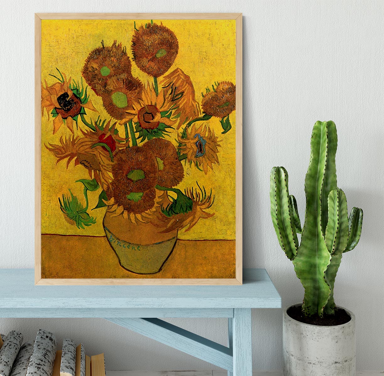 Framed print of Van Gogh's Still Life Vase with Fifteen Sunflowers, showcasing vibrant colors and quality craftsmanship.
