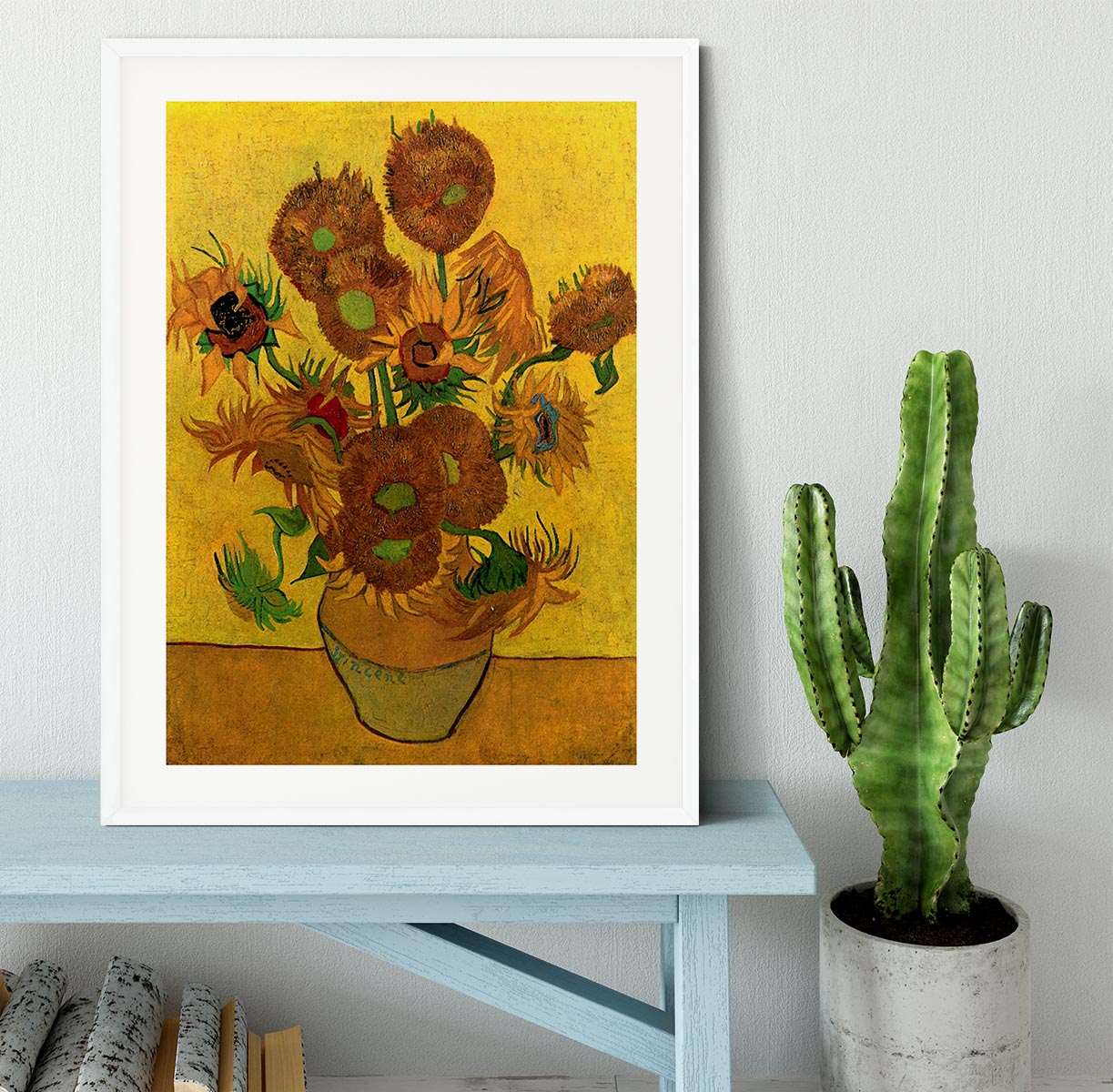 Framed print of Van Gogh's Still Life Vase with Fifteen Sunflowers, showcasing vibrant colors and quality craftsmanship.