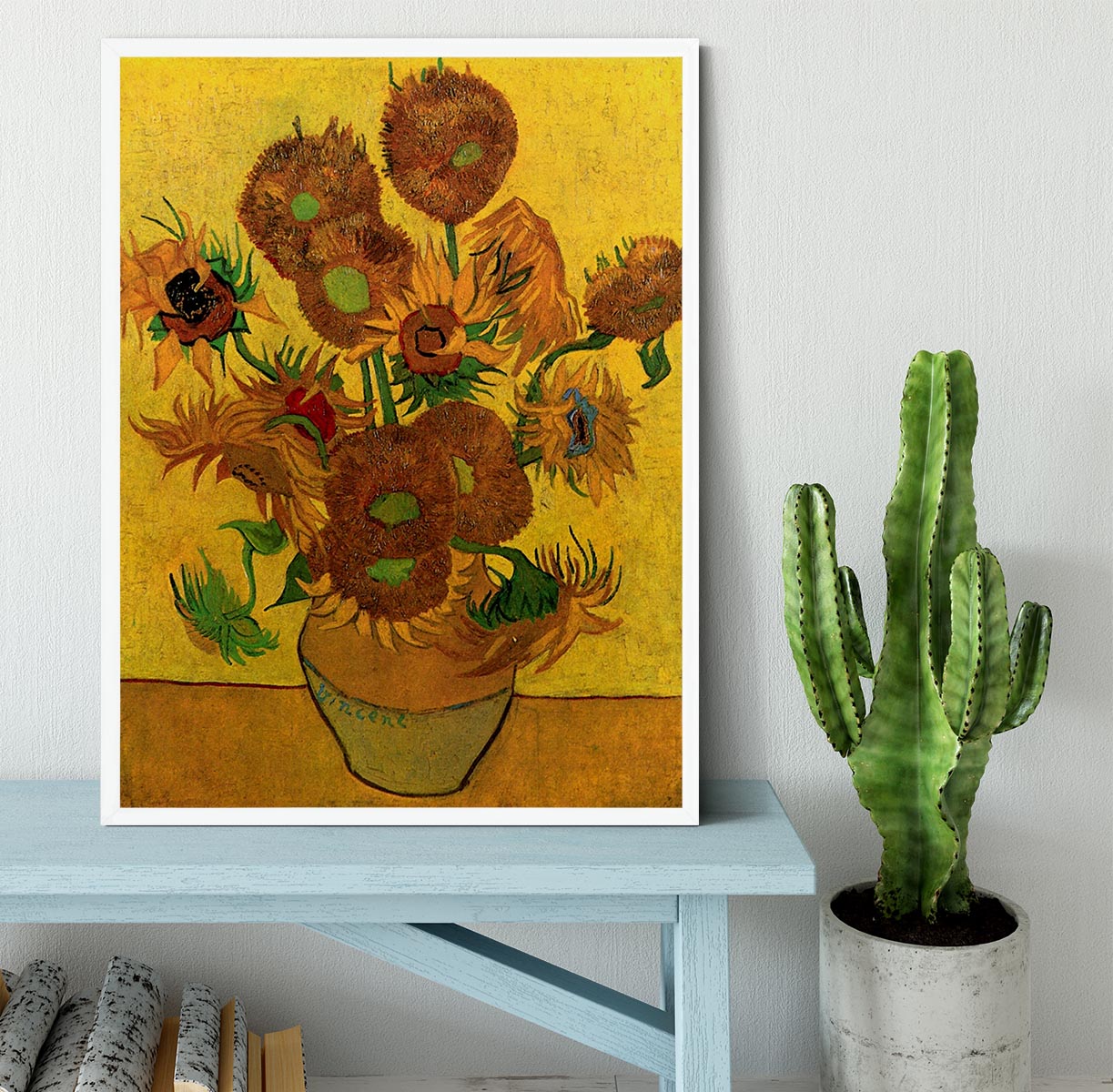 Framed print of Van Gogh's Still Life Vase with Fifteen Sunflowers, showcasing vibrant colors and quality craftsmanship.
