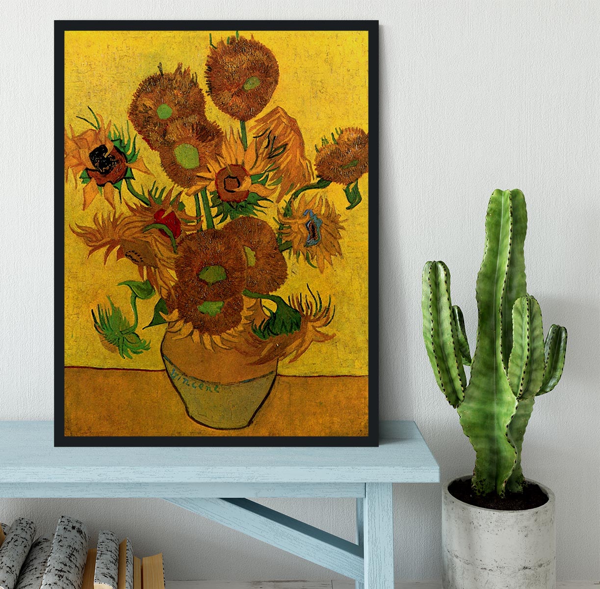 Framed print of Van Gogh's Still Life Vase with Fifteen Sunflowers, showcasing vibrant colors and quality craftsmanship.
