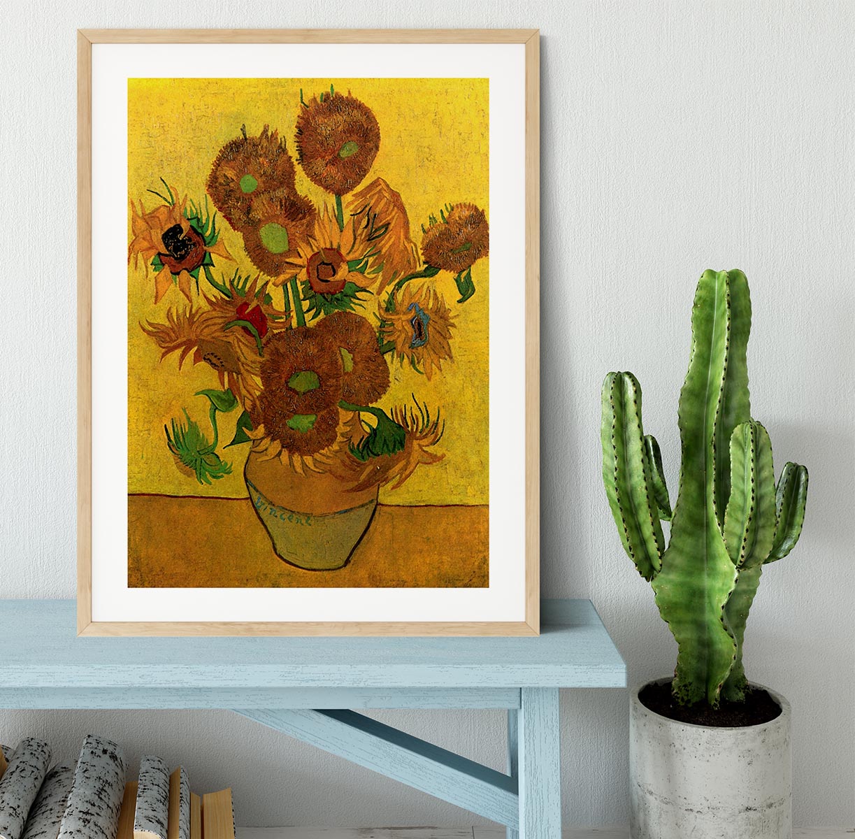 Framed print of Van Gogh's Still Life Vase with Fifteen Sunflowers, showcasing vibrant colors and quality craftsmanship.