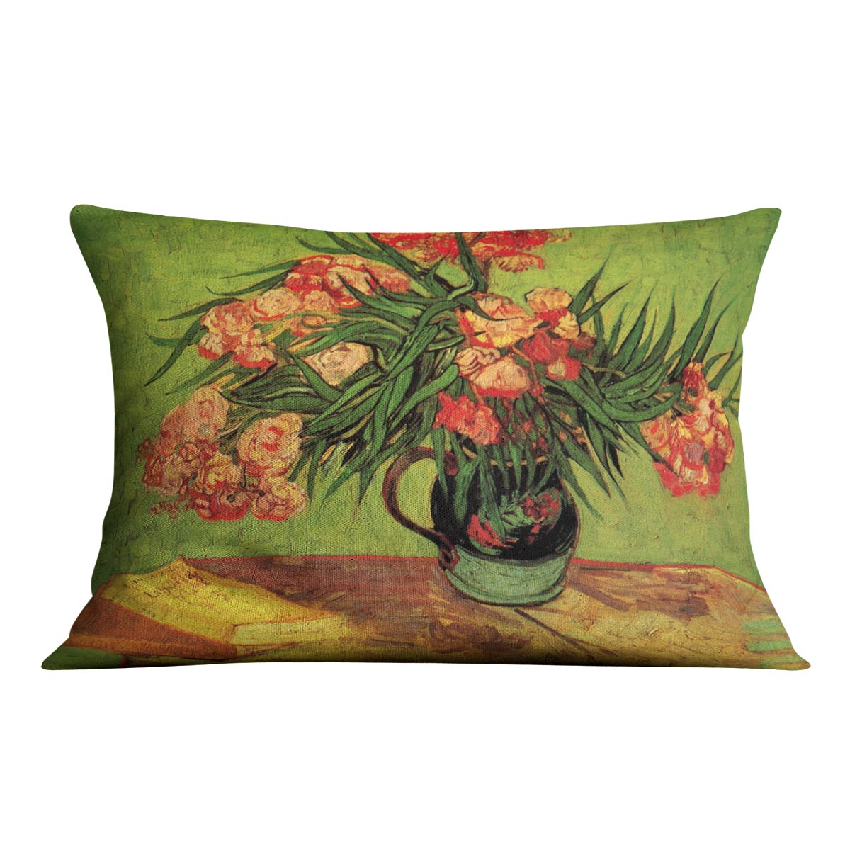Cushion featuring Van Gogh's Still Life Vase with Oleanders and Books, made of vegan faux suede with vibrant colors.