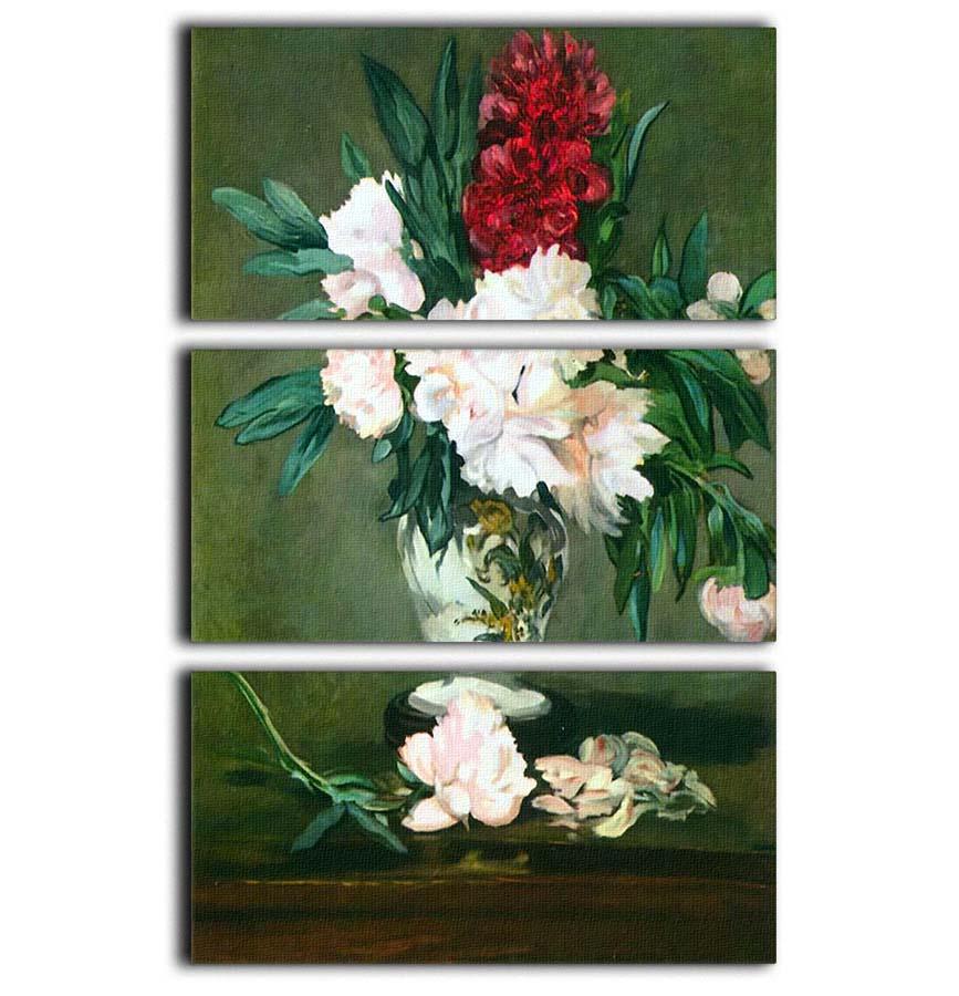Three-panel canvas print featuring a still life vase with peonies by Manet, showcasing vibrant colors and intricate details.