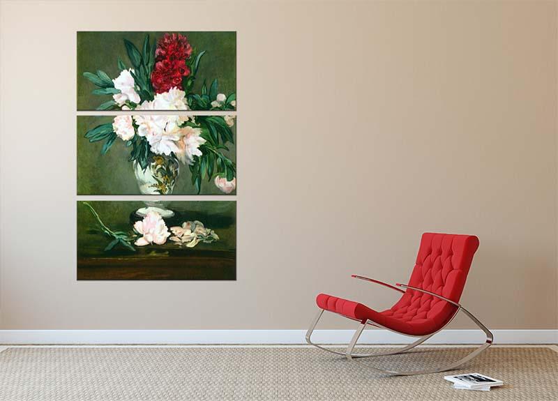 Three-panel canvas print featuring a still life vase with peonies by Manet, showcasing vibrant colors and intricate details.