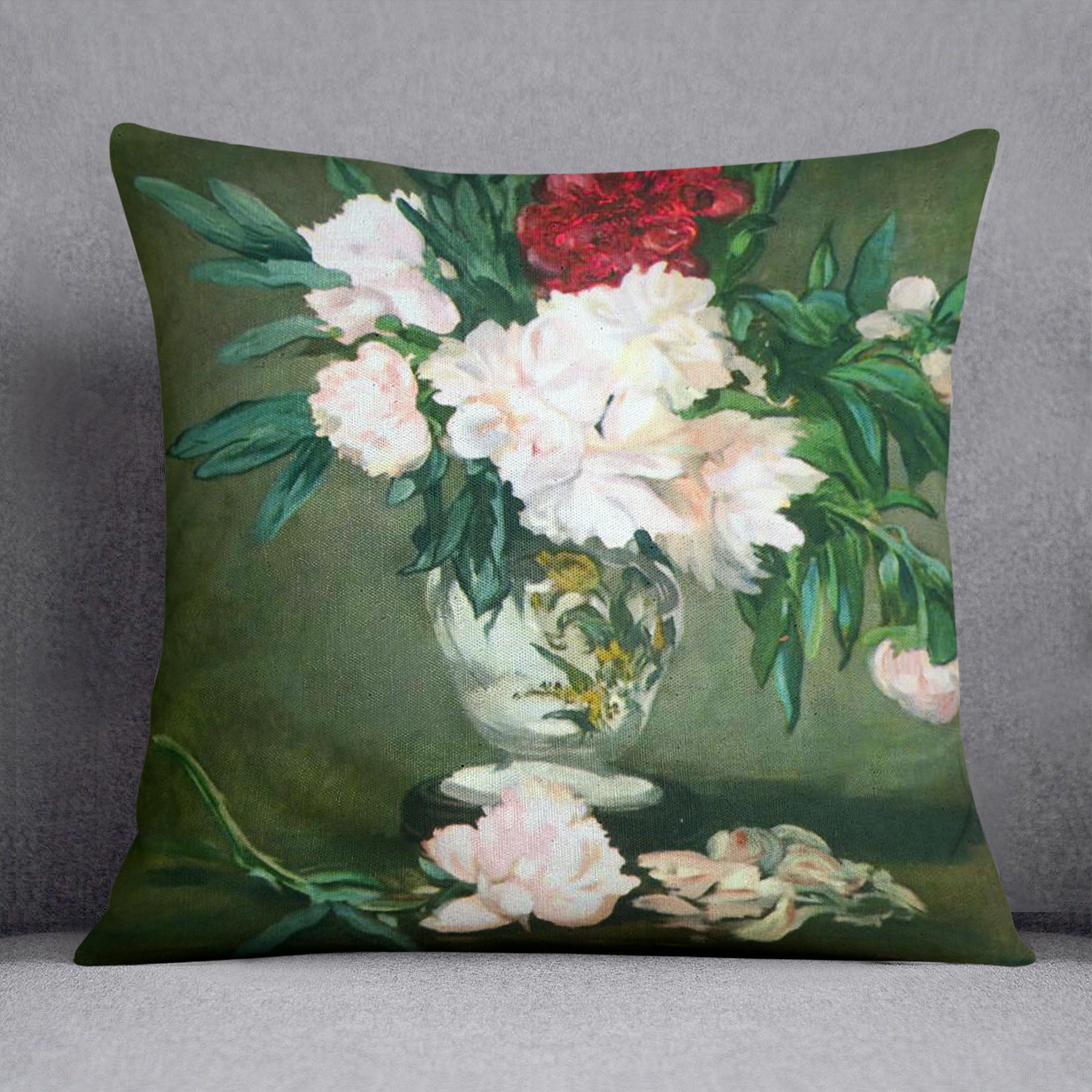 A vibrant cushion featuring Manet's Still Life Vase with Peonies design, made from luxurious vegan faux suede.