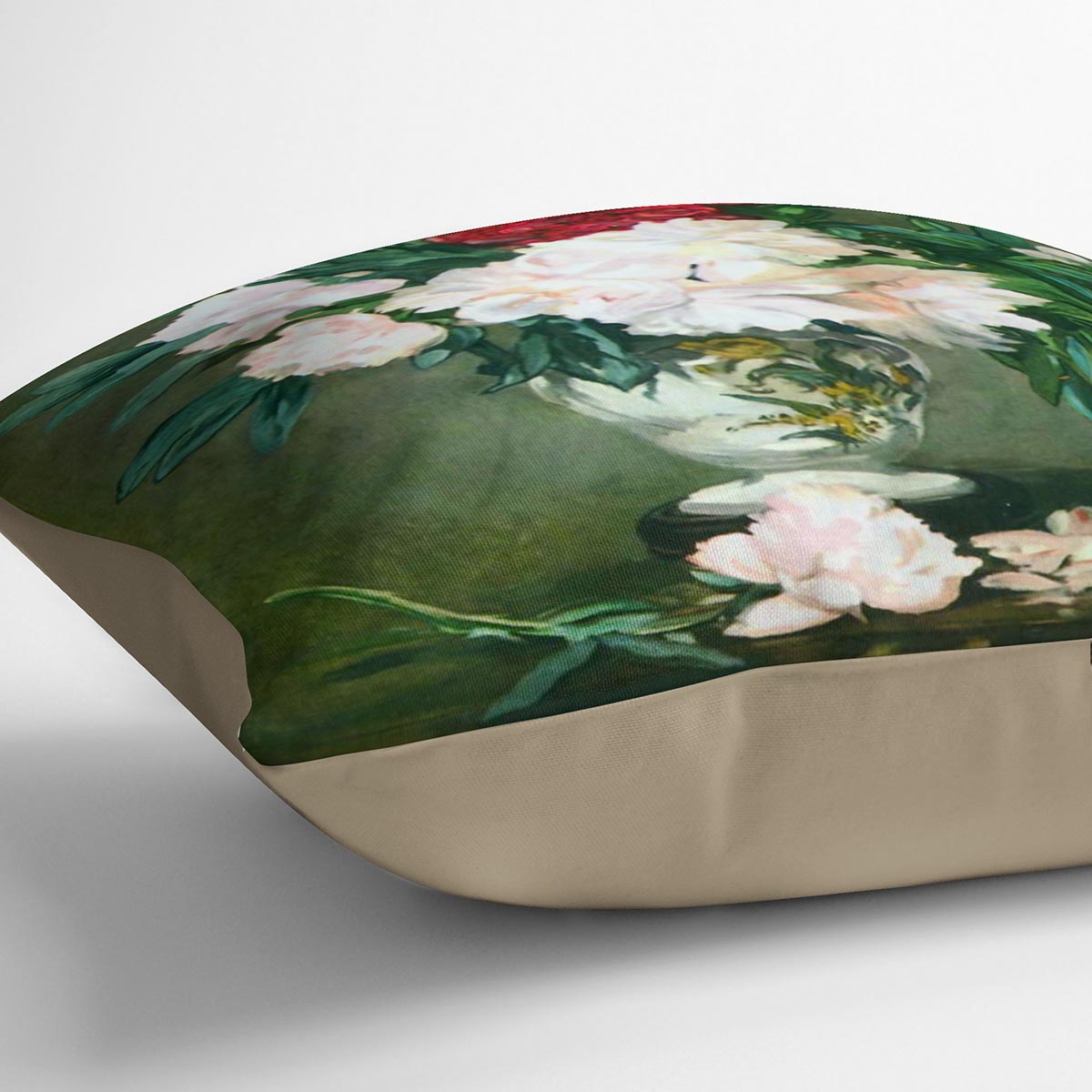 A vibrant cushion featuring Manet's Still Life Vase with Peonies design, made from luxurious vegan faux suede.
