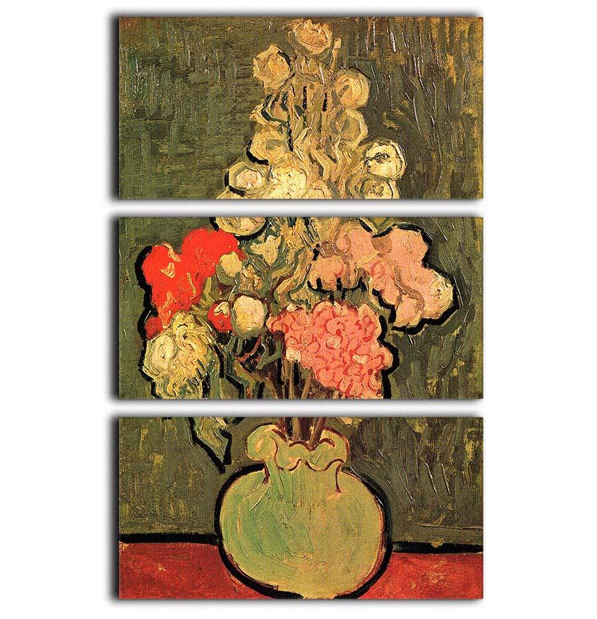 Three-panel canvas artwork featuring Van Gogh's Still Life Vase with Rose-Mallows, showcasing vibrant colors and intricate details.