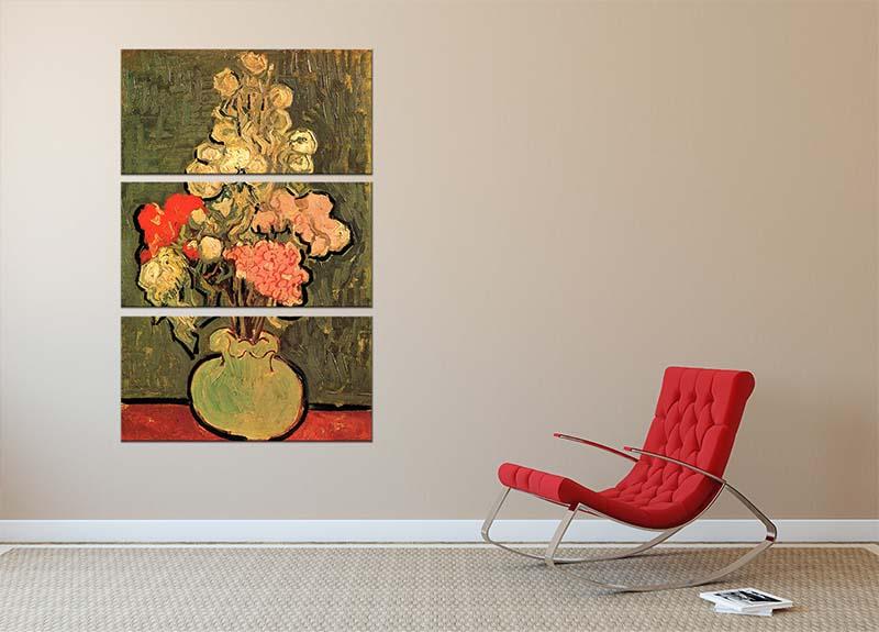 Three-panel canvas artwork featuring Van Gogh's Still Life Vase with Rose-Mallows, showcasing vibrant colors and intricate details.