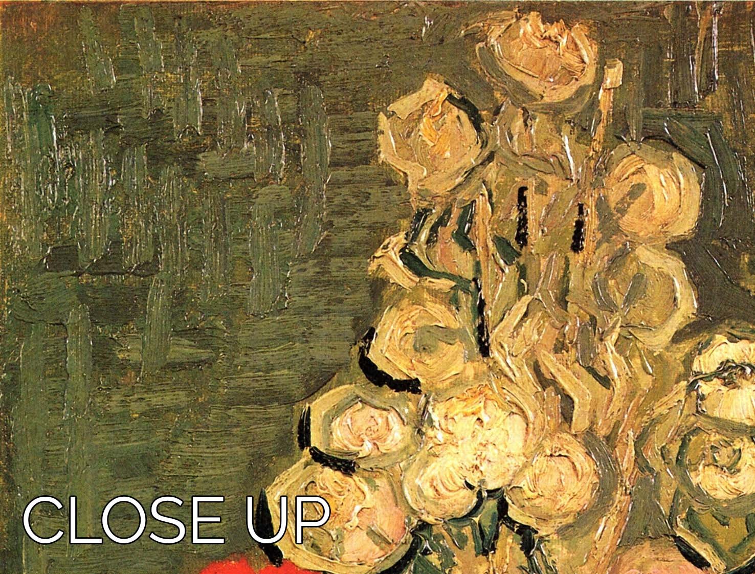 Three-panel canvas artwork featuring Van Gogh's Still Life Vase with Rose-Mallows, showcasing vibrant colors and intricate details.