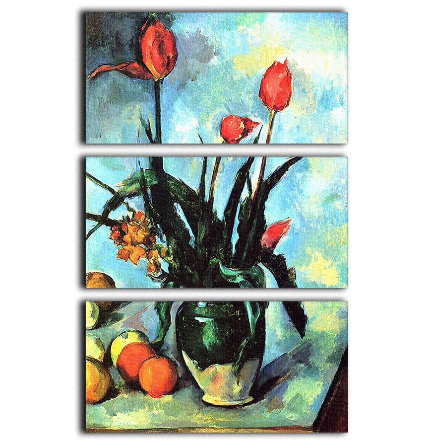 A stunning 3-panel canvas print featuring a still life vase with vibrant tulips, perfect for home decor.