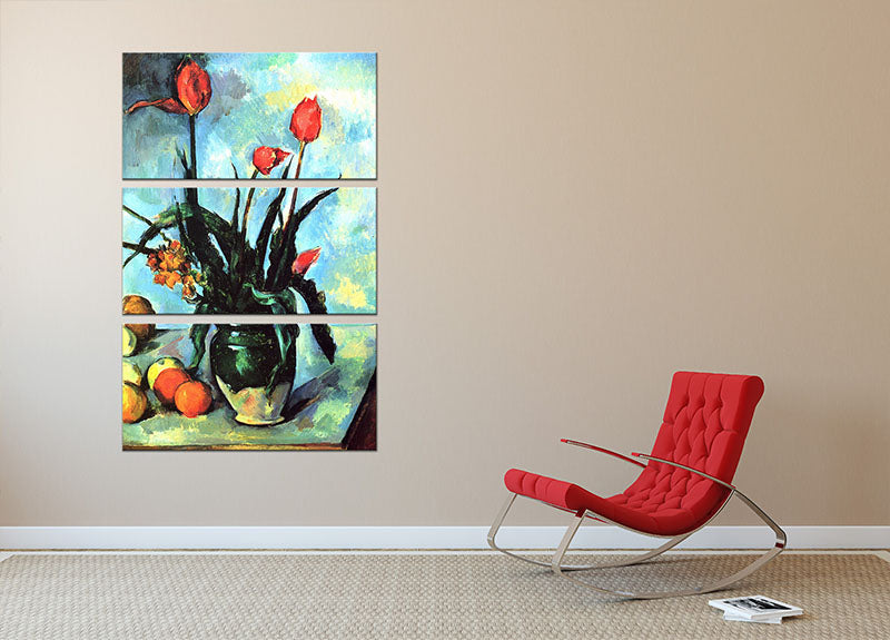 A stunning 3-panel canvas print featuring a still life vase with vibrant tulips, perfect for home decor.