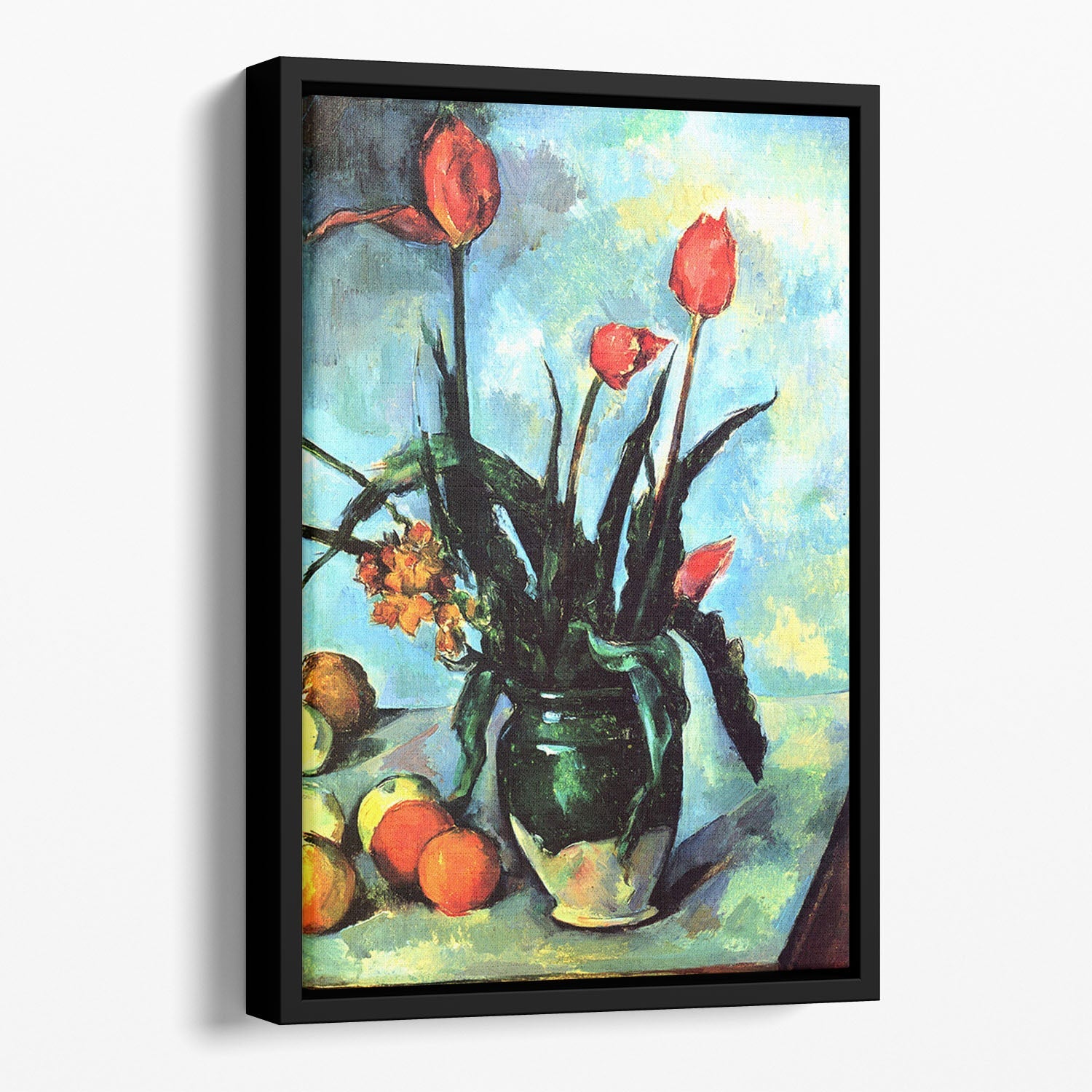 Floating framed canvas featuring Cezanne's Still Life vase with vibrant tulips, showcasing rich colors and elegant design.