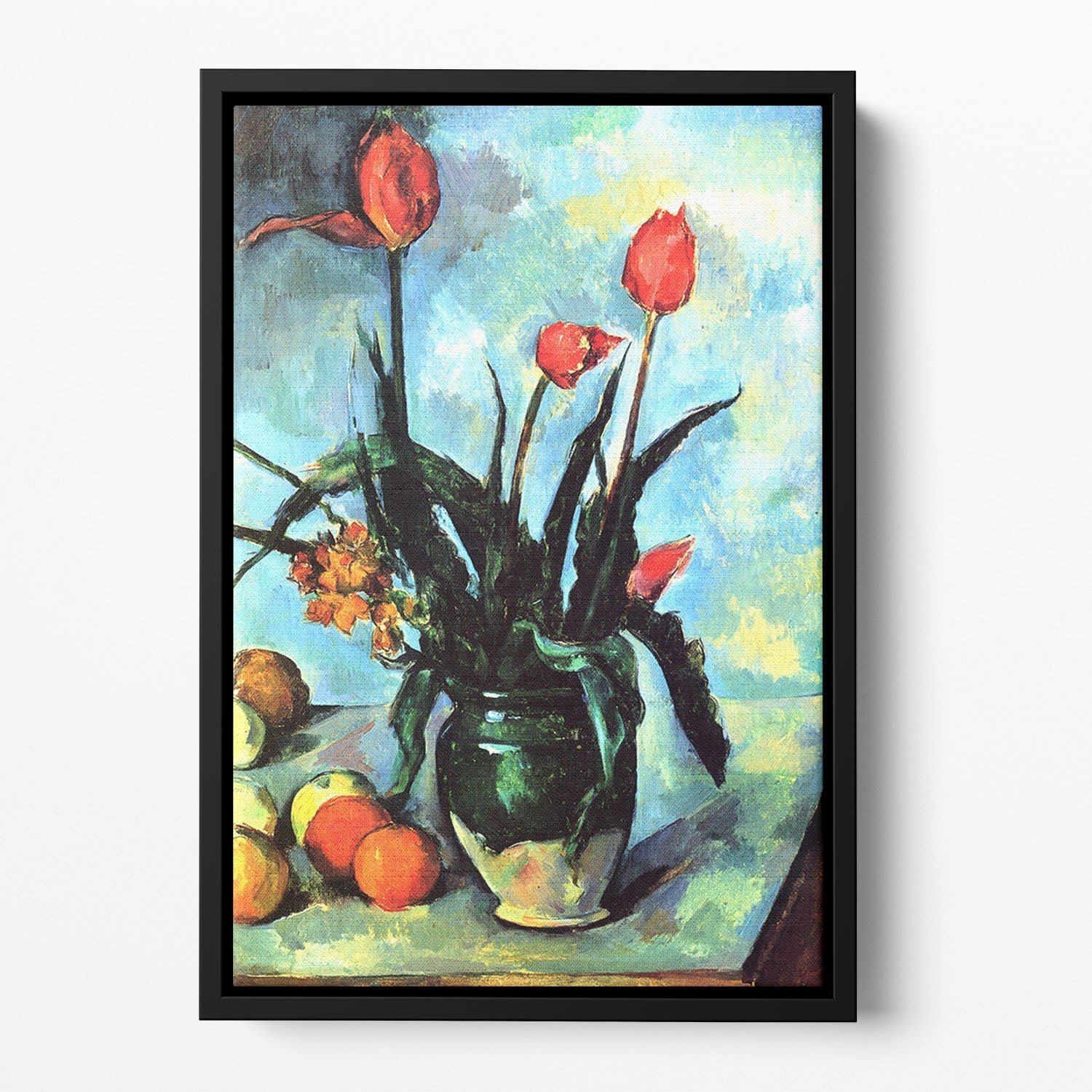 Floating framed canvas featuring Cezanne's Still Life vase with vibrant tulips, showcasing rich colors and elegant design.