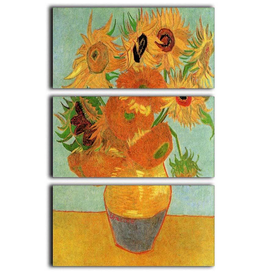 Three-panel canvas art featuring Van Gogh's Still Life Vase with Twelve Sunflowers, showcasing vibrant colors and intricate details.
