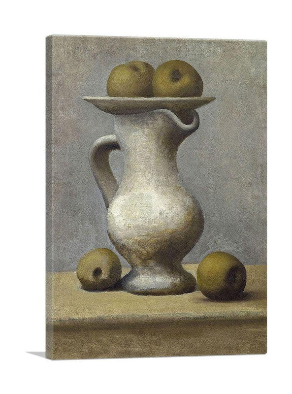 A beautiful canvas art piece featuring a pitcher and apples, showcasing vibrant colors and intricate details.