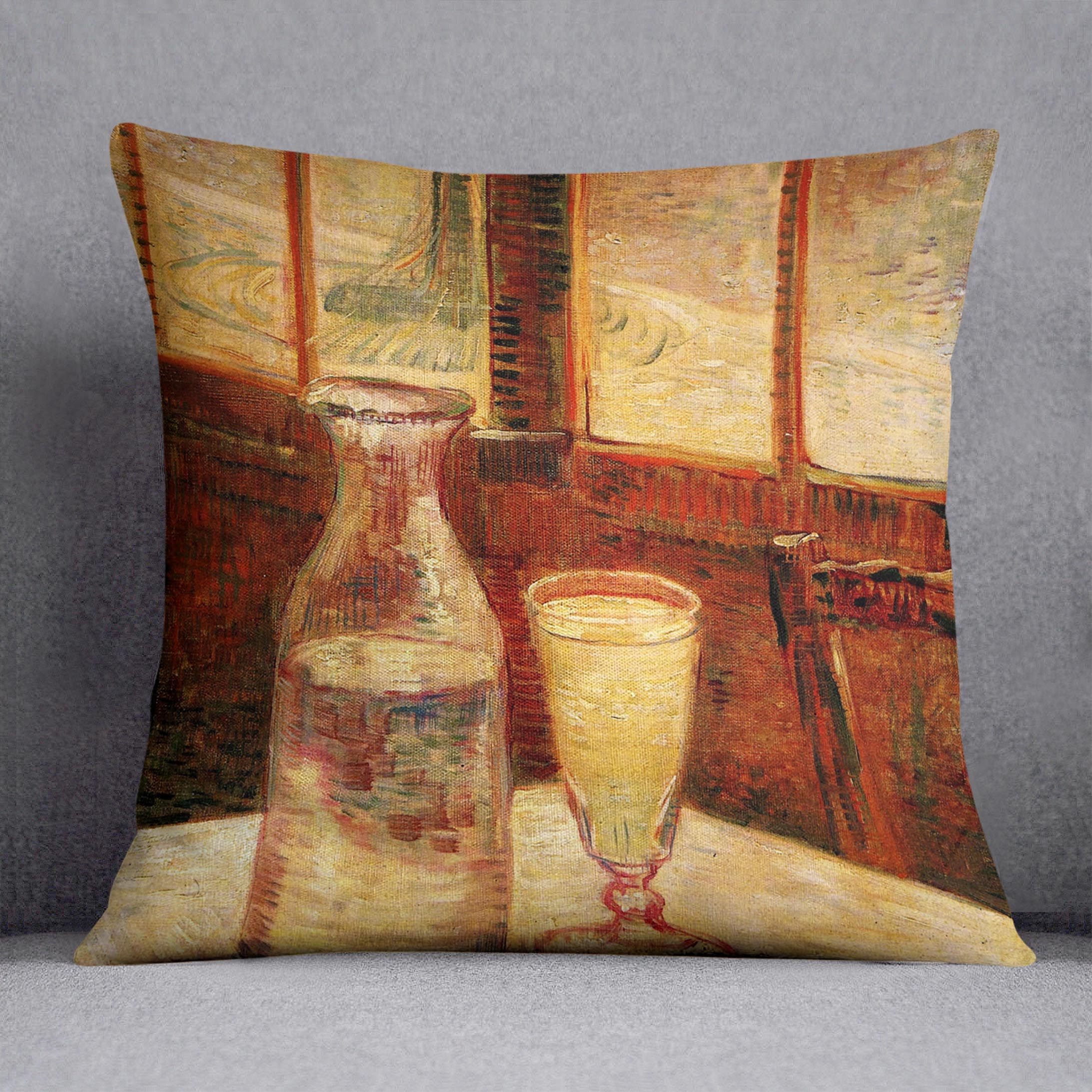 A vibrant cushion featuring Van Gogh's Still Life with Absinthe artwork, made from luxurious vegan faux suede.
