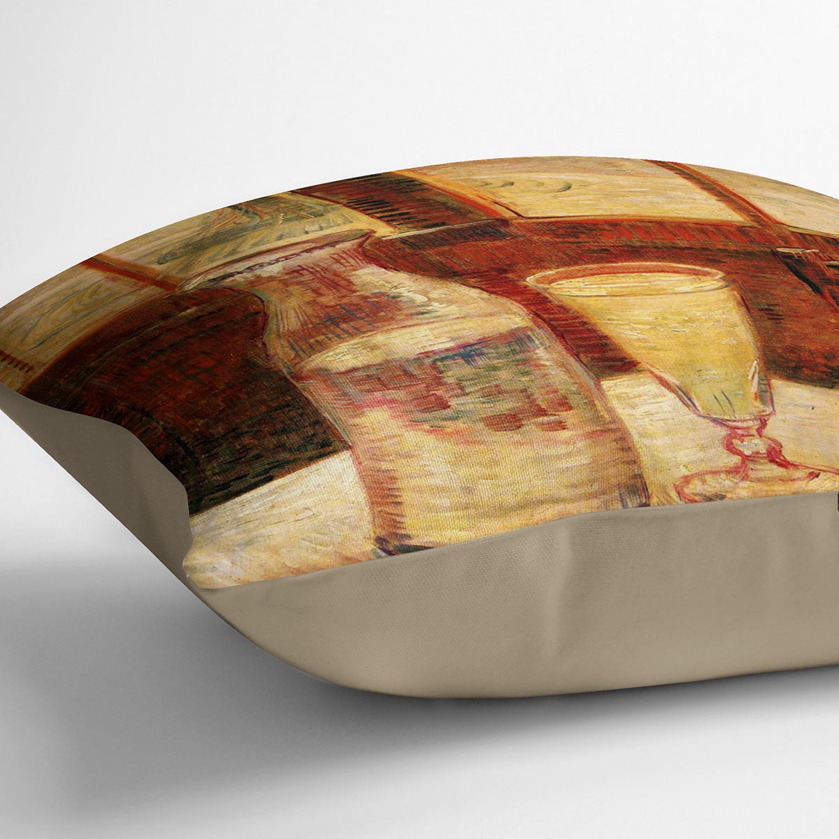A vibrant cushion featuring Van Gogh's Still Life with Absinthe artwork, made from luxurious vegan faux suede.