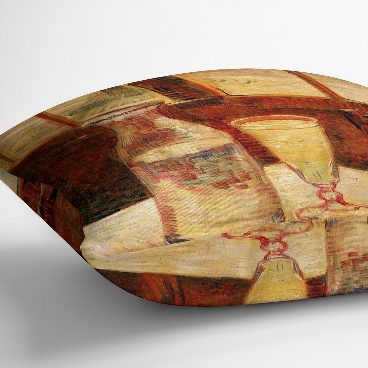 A vibrant cushion featuring Van Gogh's Still Life with Absinthe artwork, made from luxurious vegan faux suede.