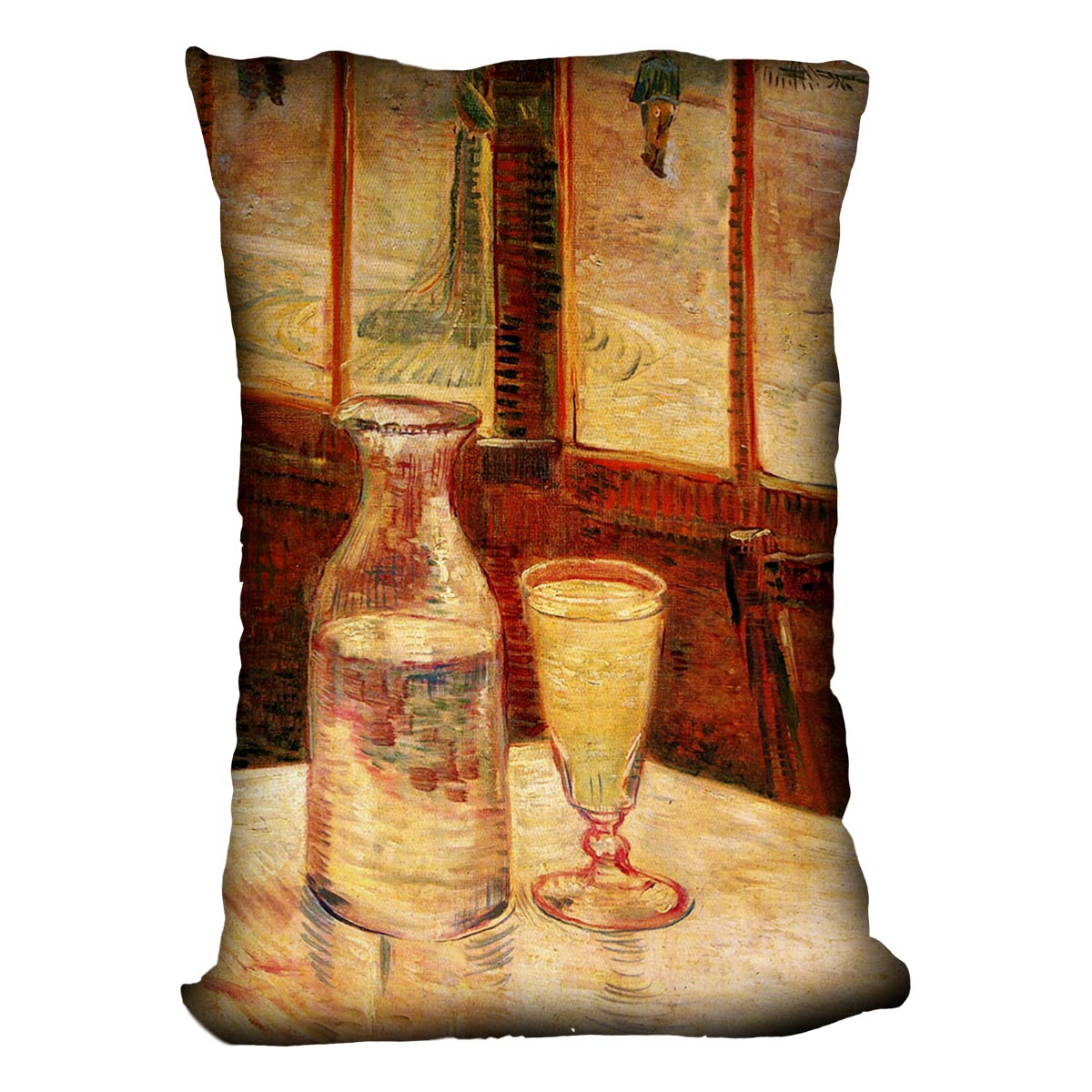 A vibrant cushion featuring Van Gogh's Still Life with Absinthe artwork, made from luxurious vegan faux suede.