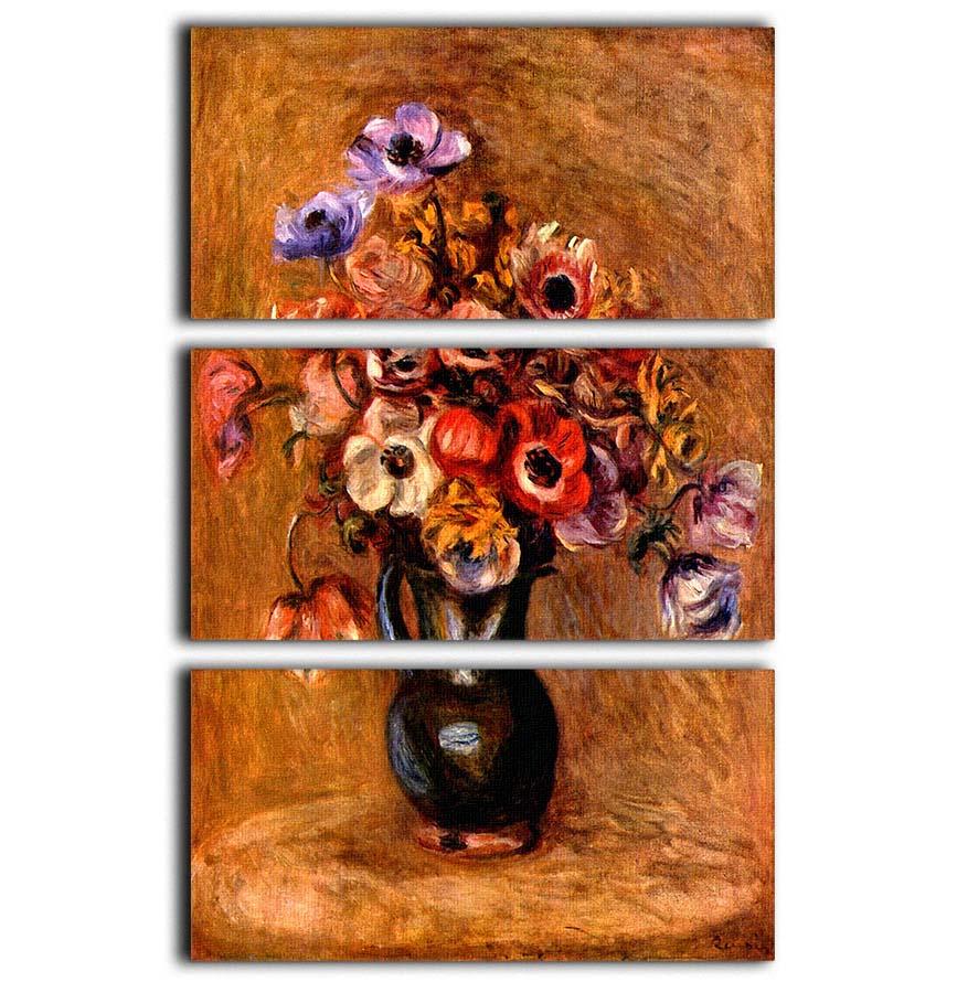 Three-panel canvas print of Renoir's Still Life with Anemones, showcasing vibrant flowers and elegant design.