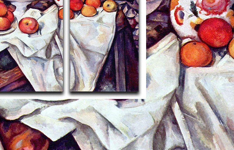 Three-panel canvas art featuring Cezanne's Still Life with Apples and Oranges, showcasing vibrant colors and intricate details.