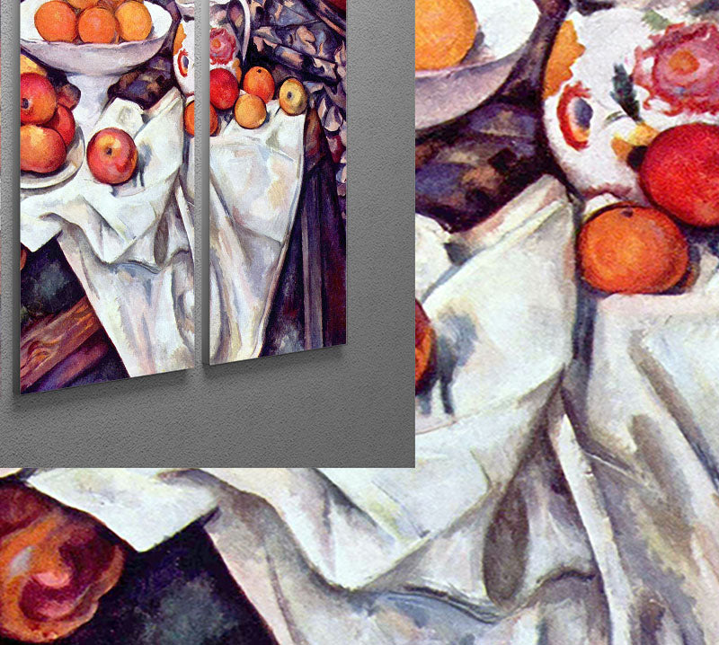Three-panel canvas art featuring Cezanne's Still Life with Apples and Oranges, showcasing vibrant colors and intricate details.