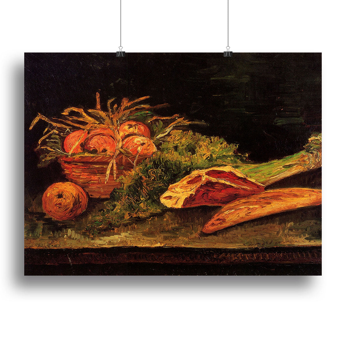Canvas print of Van Gogh's Still Life with Apples, Meat, and a Roll, showcasing vibrant colors and intricate details.