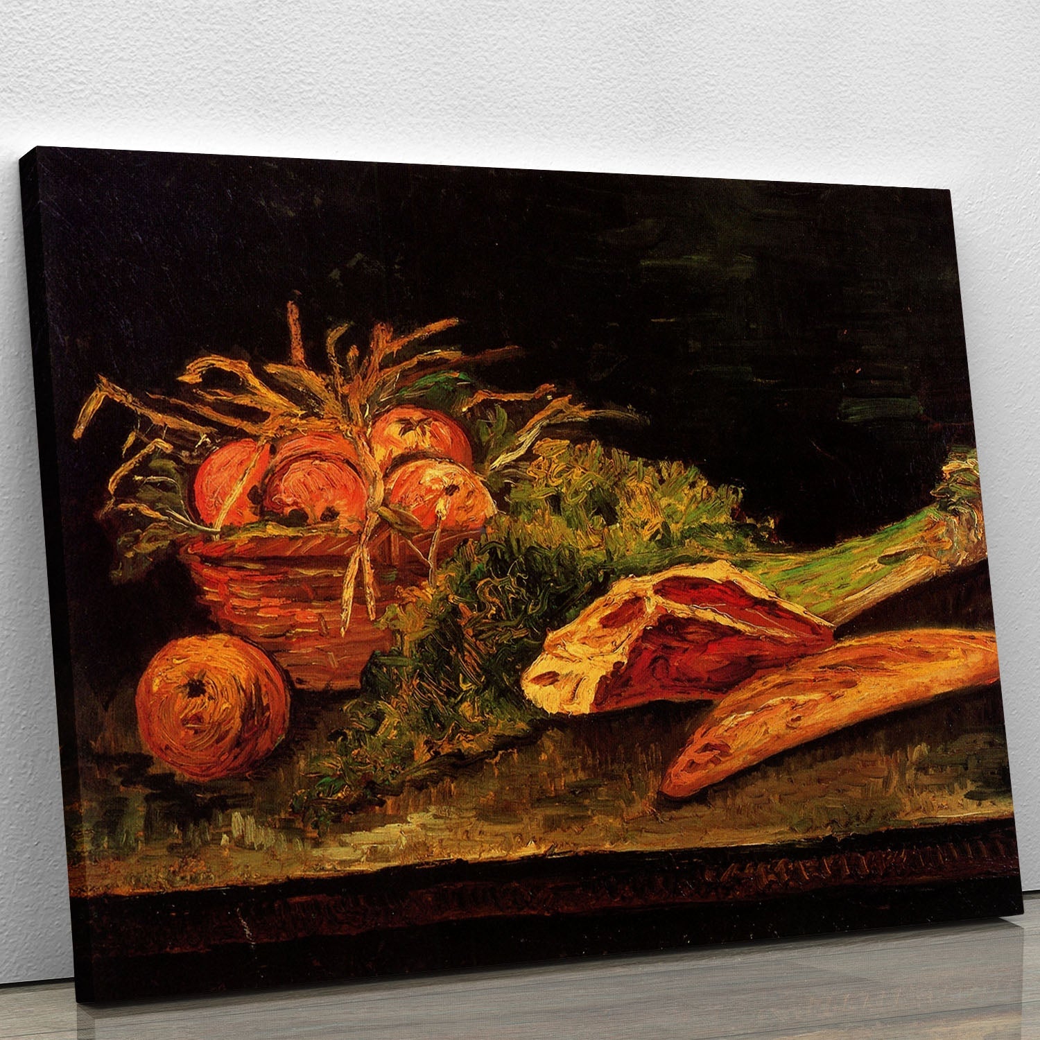 Canvas print of Van Gogh's Still Life with Apples, Meat, and a Roll, showcasing vibrant colors and intricate details.