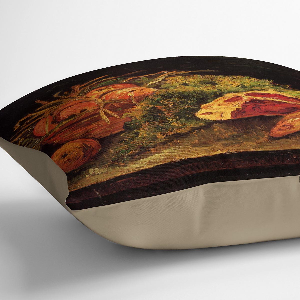 A plush cushion featuring Van Gogh's Still Life with Apples, Meat, and a Roll, showcasing vibrant colors and intricate details.
