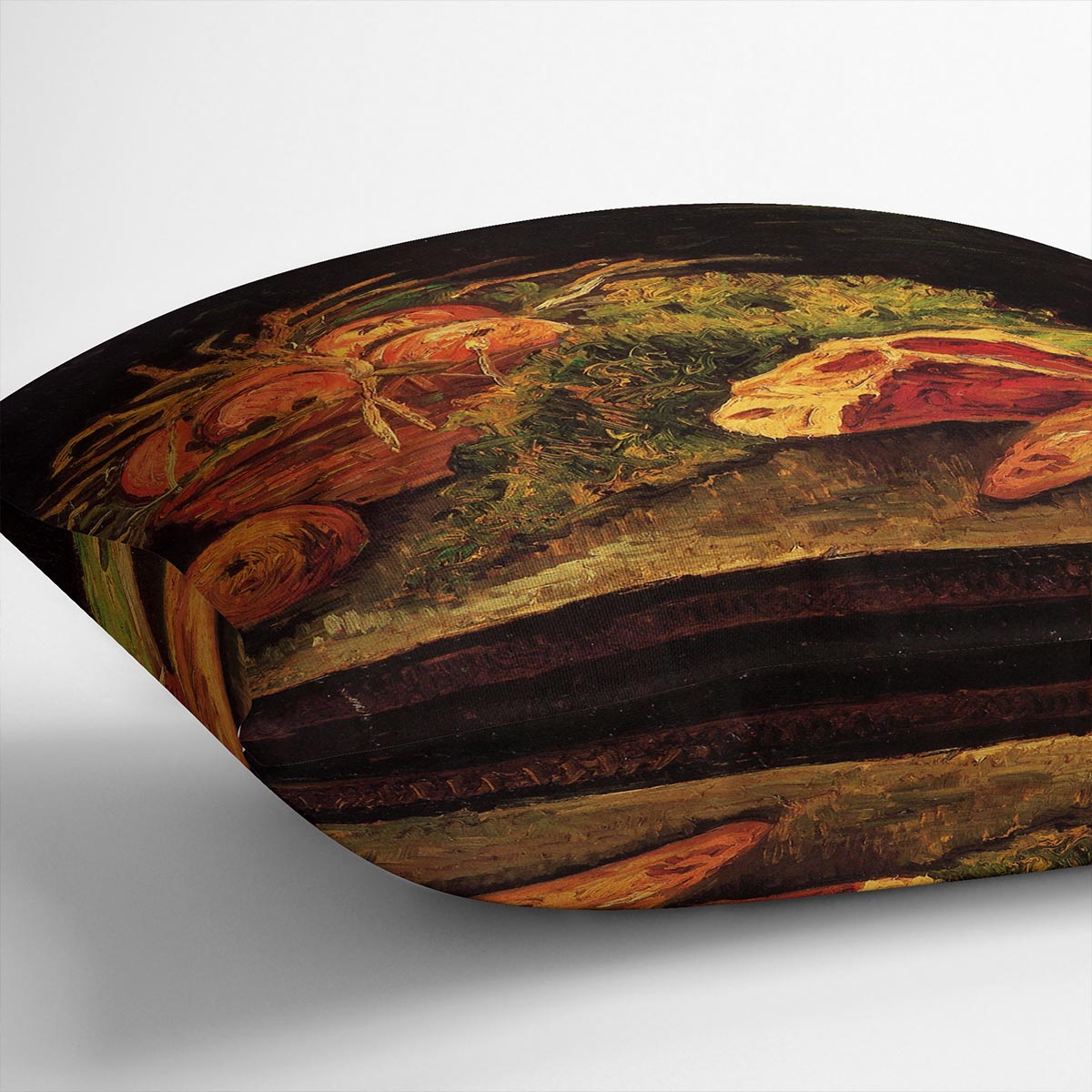 A plush cushion featuring Van Gogh's Still Life with Apples, Meat, and a Roll, showcasing vibrant colors and intricate details.