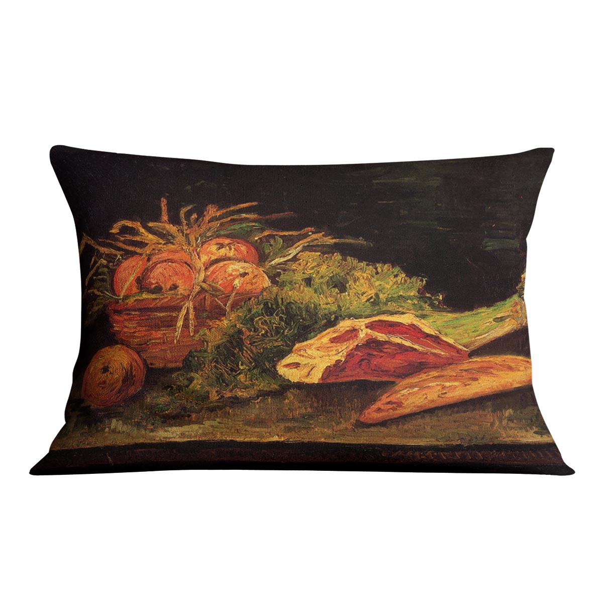 A plush cushion featuring Van Gogh's Still Life with Apples, Meat, and a Roll, showcasing vibrant colors and intricate details.