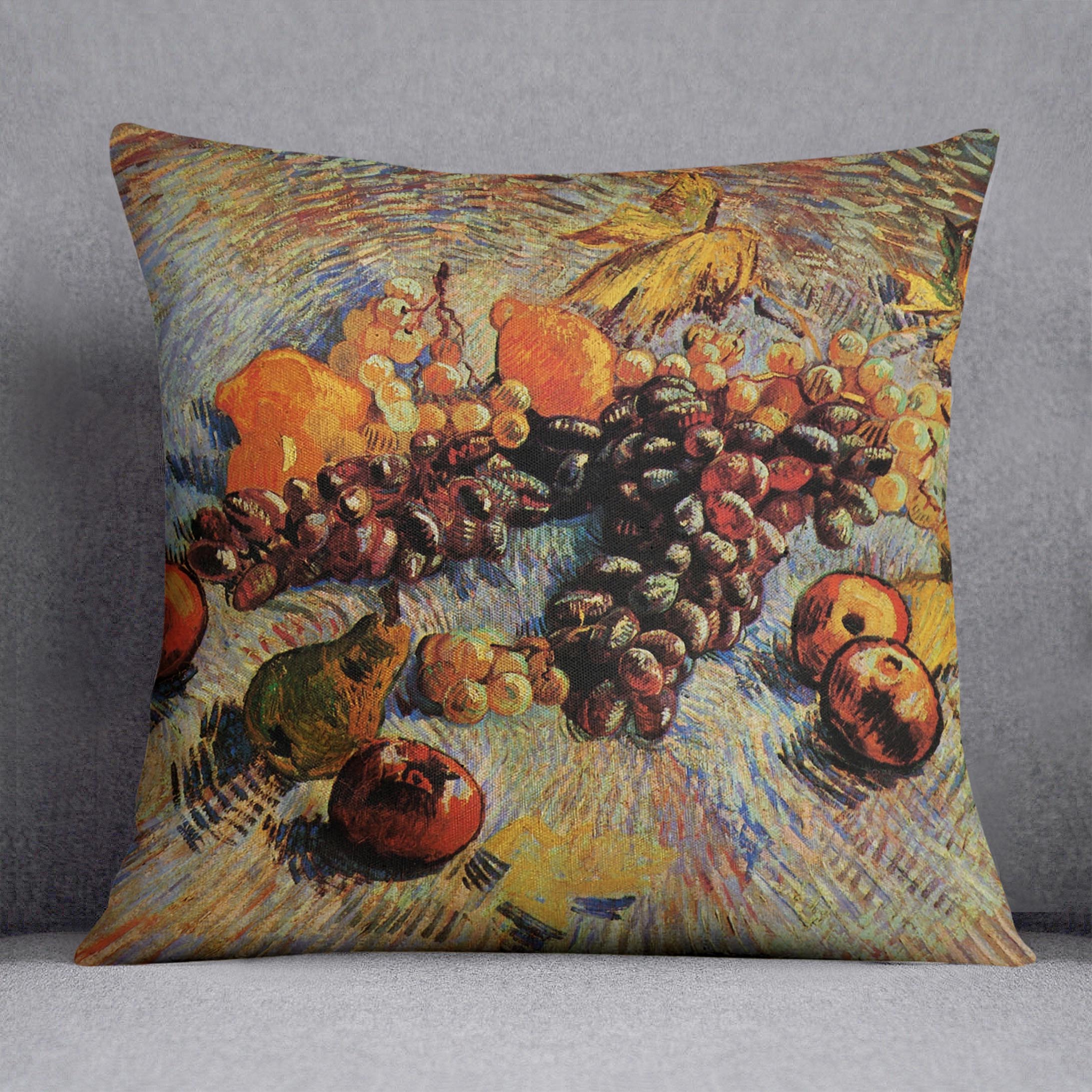 A vibrant cushion featuring Van Gogh's Still Life with Apples, Pears, Lemons, and Grapes, made from luxurious vegan faux suede.