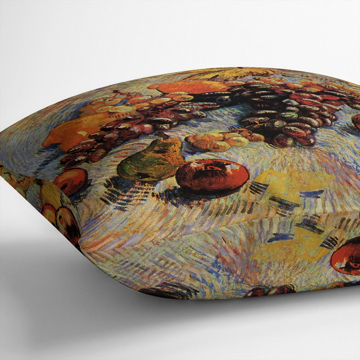 A vibrant cushion featuring Van Gogh's Still Life with Apples, Pears, Lemons, and Grapes, made from luxurious vegan faux suede.