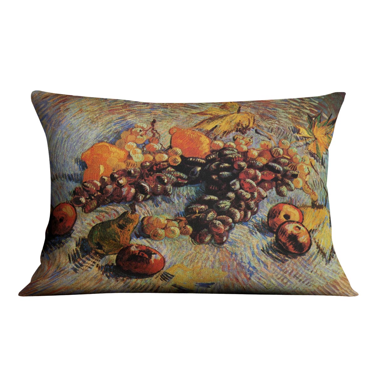 A vibrant cushion featuring Van Gogh's Still Life with Apples, Pears, Lemons, and Grapes, made from luxurious vegan faux suede.